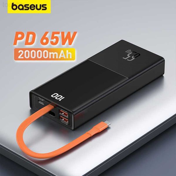 Bancos de energía para teléfonos celulares Baseus 65W Power Bank 20000mAh con cable bidireccional tipo C Batería externa para teléfono y computadora portátil Carga rápida de tres puertos L230731