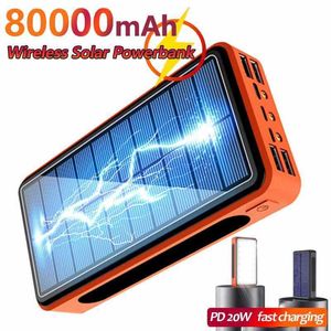 Mobiele telefoon Power Banks snel opladen 80000 mAh Solar Wireless Power Bank Large Capacity Charger 4USB Port met LED-licht Externe batterij Power Bank G230525