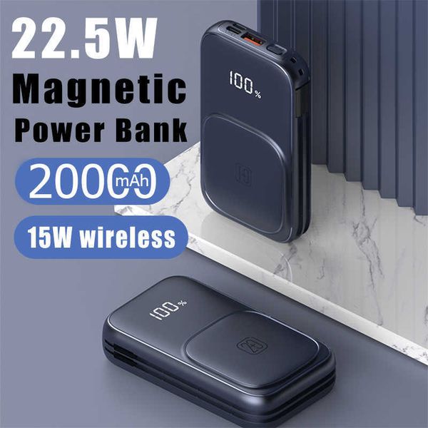 Bancos de energía para teléfonos celulares Banco de energía magnético 20000mAh 225W Línea propia Carga rápida Batería externa 15W Powerbank portátil inalámbrico para Iphone 12 13Pro J230217