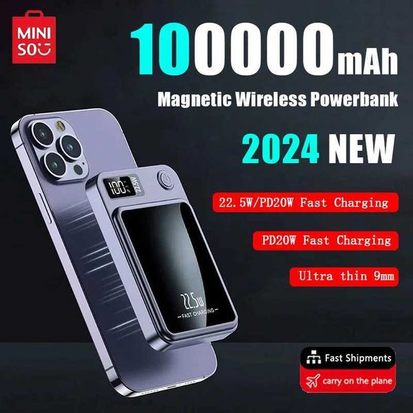 Banks d'alimentation du téléphone portable MINISO 2024 NOUVEAU 100000MAH MAGNÉTIQUE MAGNÉTIQUE QI PORTABLE PORTABLE C-TYPE Mini Chargeur rapide adapté à l'iPhone Samsung MacSafe 240424