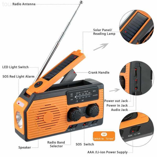 Teléfono celular Bancos de energía Banco de energía solar multifuncional Radio 5000mA Manivela Carga USB FM AM WB NOAA Radio Clima Emergencia LED Linterna Antorcha L230731