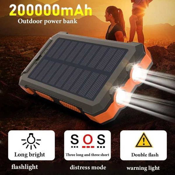 Banks d'alimentation du téléphone portable Nouveau panneau extérieur de panneau solaire portable 200000mah Powerbank étanche batterie externe double charge USB avec lumières LED J240428