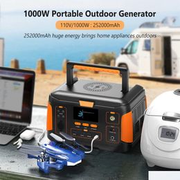 Mobiele telefoon Power Banks Portable Solar Generator 1000W Bank Station 110V 252000MAH Buiten Lader noodsituatie voor Cam Wireless Chargi Dhhji