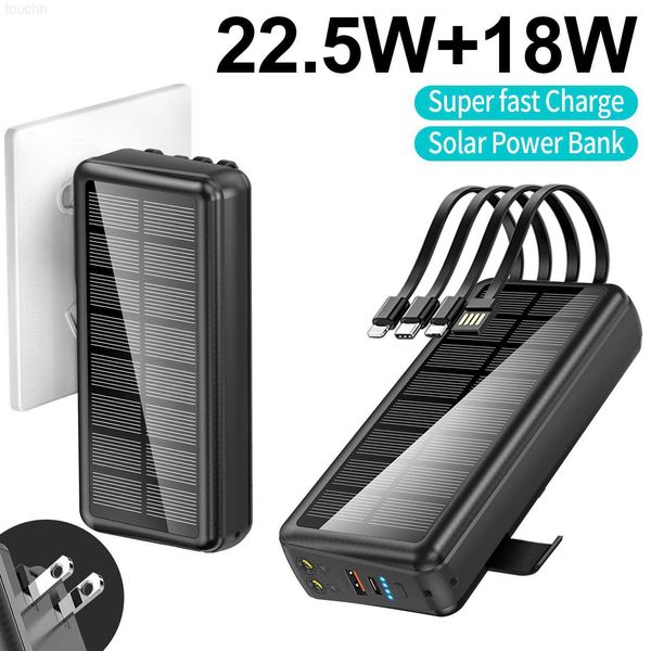 Banques d'alimentation pour téléphone portable Banque d'alimentation solaire 30000mAh PD22.5W Charge rapide Solar Powerbank Construit en 4 câbles Batterie externe lampe de poche pour Smartphones L230731