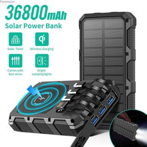 Mobiele telefoon Power Banks Solar Power Bank 36800MAH draagbare draadloze snelle lader externe batterijpakket 5v3a ingebouwde kabels buiten heldere zaklamp L230728