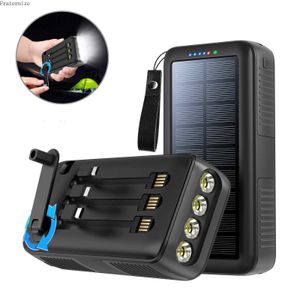 Mobiele telefoon Power Banks Solar Power Bank 60000mAh draagbare snelle zonnekader externe batterijgebouw ingebouwde kabels zaklamp buitenlamp buiten handschudden power l230728