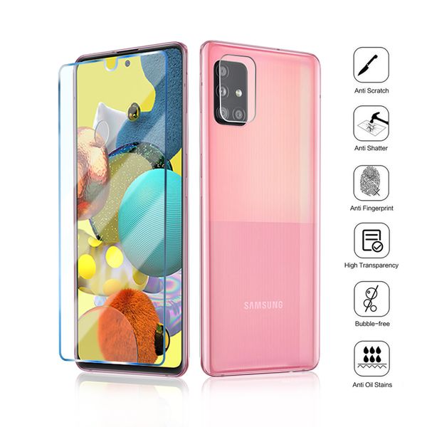 Protectores de pantalla para teléfonos móviles, vidrio templado 2 en 1 para Samsung Galaxy A10, A10E, A20, A30, A50, A70, película protectora de pantalla para Samsung A01