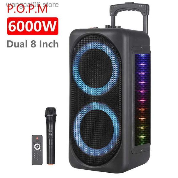 Altavoces para teléfono celular Dual 8 pulgadas 6000W Carro de palanca exterior Audio Karaoke Partybox RGB Altavoz Bluetooth EQ Anillo de luz LED colorido con micrófono remoto T231026