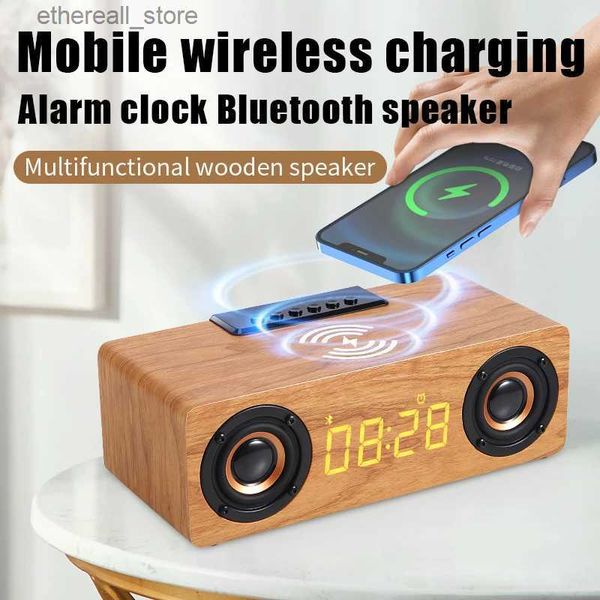 Altavoces para teléfonos celulares K1 Inicio Multifuncional Reloj despertador vintage de madera Teléfono móvil Tarjeta de carga rápida inalámbrica Subwoofer portátil Altavoz Bluetooth Q231117