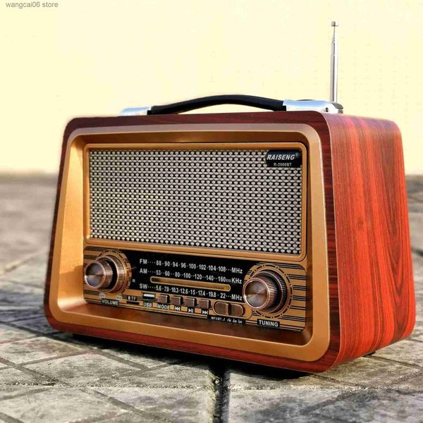 Haut-parleurs de téléphone portable R-2066BT Rétro Multi-bande Radio rechargeable en bois véritable avec lien Bluetooth sans fil Lecteur MP3 USB Boîte de haut-parleur portable extérieure T231026