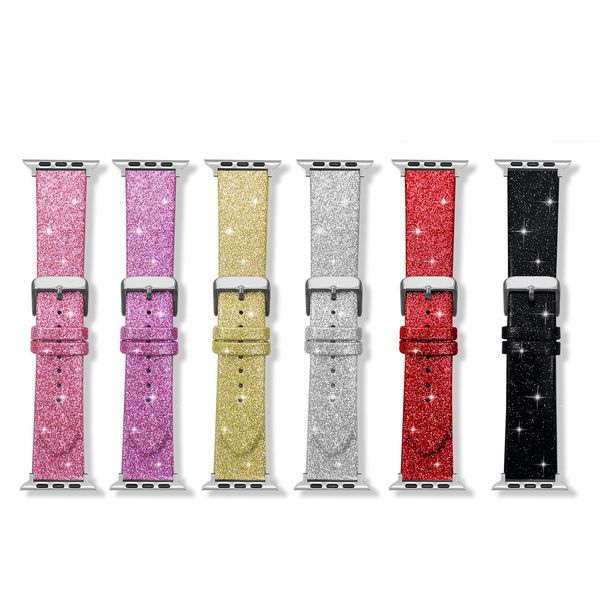 Bracelet en cuir PU scintillant pour Apple Watch 41mm 45mm 44mm 42mm 40mm 38mm Bandes Femmes Bling Shiny Ceinture Bracelet iWatch 7 6 5 4 3 SE Accessoires de bracelet de montre