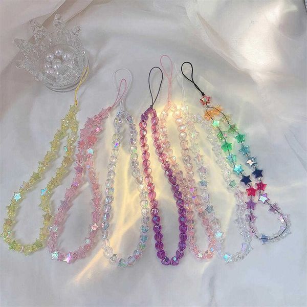 Correas para teléfonos celulares Encantos Cadenas coreanas Estrella láser Amor Corazón Cordón Cuentas de plástico dulce Correa de diamantes Accesorios antipérdida para mujeres y niñas