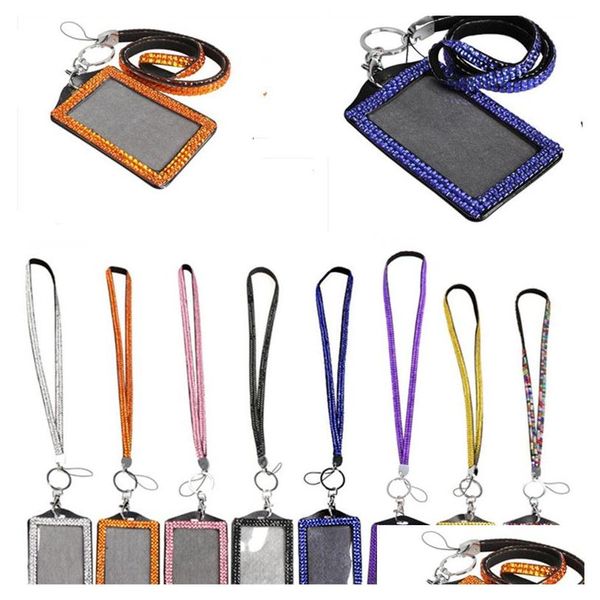 Correas para teléfonos celulares Charms Rhinestone Bling Crystal Beads Lanyard con soporte de tarjeta de identificación vertical Correa para el cuello para móvil 8 colores Can M Dhlsw