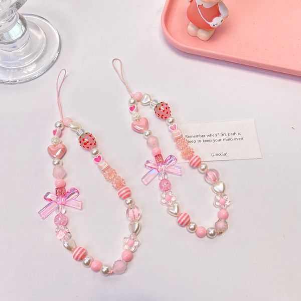 Correas de teléfono celular Coreano Creativo Dulce Arco rosa Corazón Con cuentas Cadena de teléfono móvil Delicado Anti-perdida Caja del teléfono Cordón Regalo para accesorios femeninos