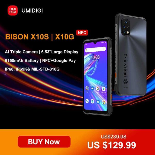 Teléfonos celulares Umidigi Bison X10S X10G IP68/IP69K Teléfono impermeable y resistente NFC 6.53 pulgadas HD+4GB+64GB Batería Smartphone Q240312