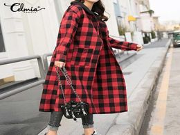 CELMIA HOODIES Long Mabèle Casual Women Sleeve Plaid Red Courted Hoody Overcoat 2021 Automne Fashion Buttons Vestes Outwear Women09623521