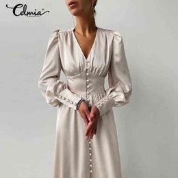 Celmia Vintage Satin Taille Haute Robe De Soirée Femmes Élégantes Manches Bouffantes Midi Robe D'été Sexy Col En V Boutons Robes De Soirée Y220214