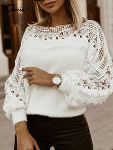 Celmia dames herfst pluche pullovers sweaters elegante lange lantaarn mouw shirt tuniek mode kanten holle bont top streetwear 220810