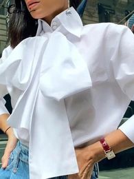 Celmia mujeres pajarita cuello camisas blancas moda manga larga Chemise Casual elegante blusa de fiesta Blusas sólidas Tops femeninas 240112