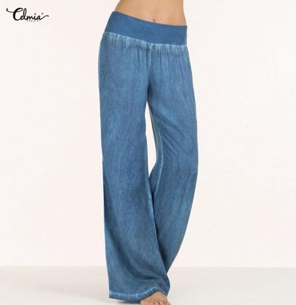 CELMIA FEMMES DENIM PANTAL LEG ÉLASTIQUE HEUILLE PALAZZO PALAZZO BLEU BLUE COST Long Pantalon 2020 Summer Plus taille Pants13042845