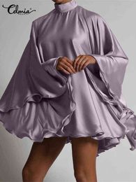 Celmia Femmes Satin Robes Sexy Col Montant Dos Nu Court Mini Vestidos 2022 Nouveau Vintage Grandes Manches Évasées Solide Robes De Soirée Y220401