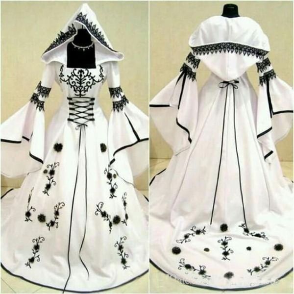 Vestidos de novia celtas en blanco y negro con sombrero Una línea Vestidos de novia únicos con bordado exquisito Corsé Top Custom Made275i