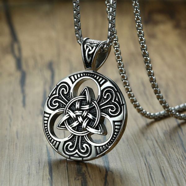 Collier avec pendentif en forme de cercle celtique, symbole Triquetra, breloque ronde avec chaîne en acier inoxydable, Punk irlandais, nœud concentrique, accessoires de bijoux, vente en gros