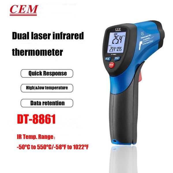 CEM DT-8861 Pistolet de mesure de température sans contact Instrument de température infrarouge Patch laser Conception automatique électronique Rapide.