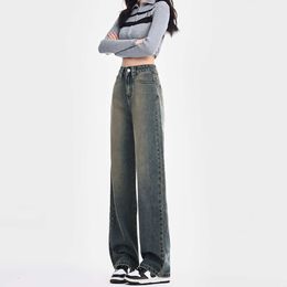 Cement grijze jeans vrouwen in de herfst en winter 2024 Nieuwe hoge taille ontwerp rechte been wijd been broek voor vrouwen