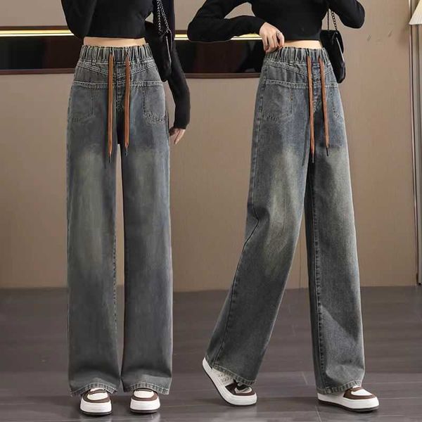 Jean à jambes larges gris ciment pour femmes, pantalon de vadrouille droit à taille élastique, grande taille, au printemps et à l'automne, nouvelle collection 2024