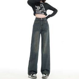 Ciment gris jeans Womens 2024 printemps et automne saison Nouveau conception de poche haute taille pour pantalon de jambe droite mince à jambe droite