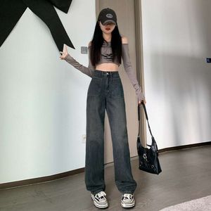 Ciment gris jeans Womens 2024 printemps Nouveau lâche et mince pantalon de traînée de taille haute de la jambe droite et mince
