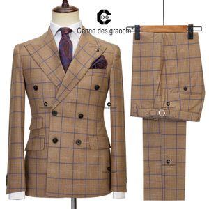 Cenne Des Graoom costumes à carreaux marron pour hommes Double boutonnage 2 pièces ensemble Blazer veste pantalon fête de mariage réunion bureau 240227