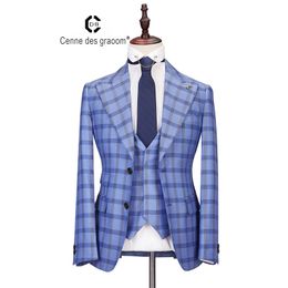 Cenne des Graoom Nouveaux hommes Costume Plaid Double boutonnage 3 pièces Slim Fit Haute Qualité Bleu Costume de fête de mariage Groom DG-LOVE 201105