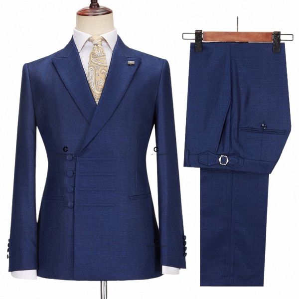 Cenne Des Graoom Nouveaux costumes bleus vintage pour hommes Noeud chinois Butt Veste et pantalon à revers à simple boutonnage 2 pièces Ensemble Bureau c0ep #