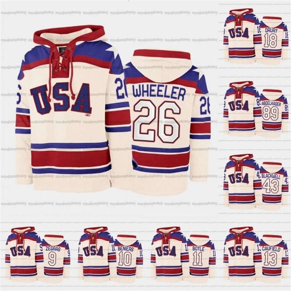 CEOA3740 USA Hockey Team Lace-Up Relate Sweatie Jersey Custom 9 Trevor Zegras 26 Blake Wheeler 18 Jack Drury 43 Colin Blackwell 11 Brian Boyle 12 Alex