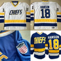 CeoMit # 18 Jeff Hanson Charlestown Jersey Hommes Hanson Brother Slap Shot 100% Cousu Broderie Film Hockey Maillots Bleu Blanc