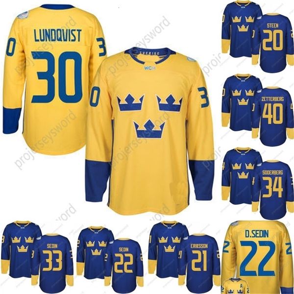 CeoMit 2016 World Cup Team Suède Maillots de Hockey Lundqvist Markstrom Ekman Larsson Sedin Eriksson Steen Backstrom Silfverberg Maillots de Hockey Personnalisés