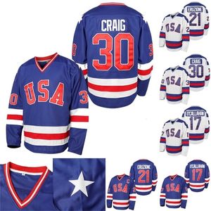 CeoMit Mens 1980 USA Miracle On Ice Hockey Jersey # 17 Jack O'Callahan # 21 Mike Eruzione # 30 Jim Craig Camisetas de hockey S-XXXL En stock Azul Blanco