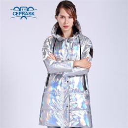 CEPRSK veste d'hiver femmes argent holographique paillettes grande taille longue femmes manteau d'hiver à capuche épais doudoune Parka 201214