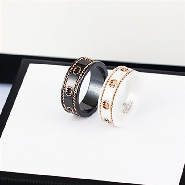 Bague en céramique double lettre bijoux pour femmes hommes or noir et blanc bilatéral creux G anneaux mode célébrité en ligne coup328f