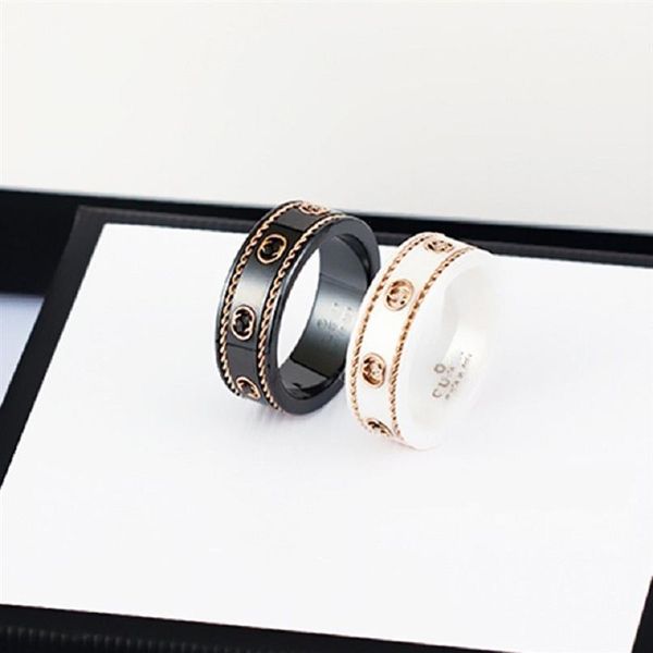 Anillo de banda de cerámica joyería de doble letra para mujeres para hombre oro blanco y negro bilateral hueco G anillos moda en línea celebridad coup205v