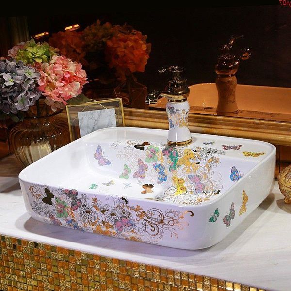 Céramique comptoir lavabo vestiaire peint à la main navire évier salle de bain éviers forme ovale lavabo bassingood qté Gmglm