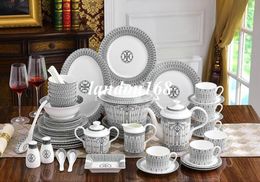 Keramiek Serviesgoed Porseleinen Kom Schotel Soepkom Bone china westerse servies sets zwarte lijn koffie sets Gift6669233