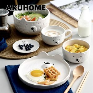 Vaisselle en céramique mignon ours assiettes bols maison petit déjeuner dessin animé japonais créatif vaisselle pour une personne tasse à café et soucoupe 220408