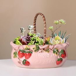 Maceta de cerámica para flores, macetas para plantas suculentas de fresa, jarrón, macetero de plantas verdes para decoración de escritorio del hogar interior 240320