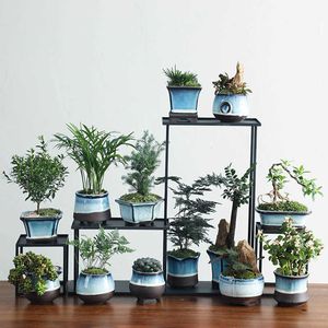 Keramische bloempot Tianmu glazuur blauwe bonsai pot alleen vaas zonder plant ademend container voor kantoor balkon tuin home decor 210615