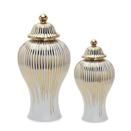 Keramische Gemberpot Gouden Strepen Decoratieve Algemene Pot Vaas Porselein Opslagtank met Deksel Handwerk Woondecoratie 240105