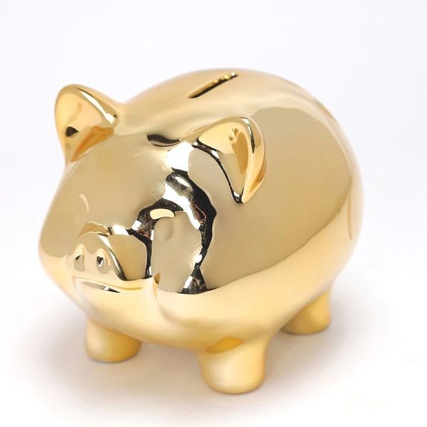 Hucha de cerdo dorada de cerámica, bonita y creativa decoración del hogar, hucha para niños, caja de monedas, hucha, tapón 217O