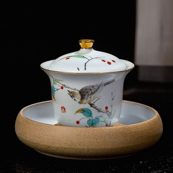 Pintura de cerámica hecha a mano, pájaro pequeño, porcelana Gaiwan, sopera de té, juego de té Kung Fu, patrón de bambú, tazón de té Gaiwan